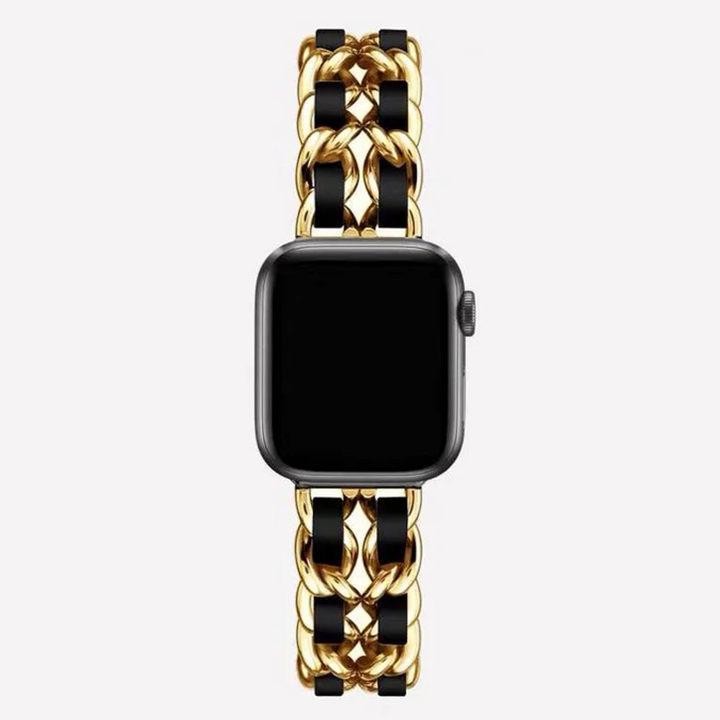 Polished metal chain link Apple Watch band, a sleek and elegant women's accessory for smartwatches.