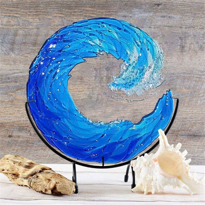 Artistic aqua glass ocean wave sculpture, a tranquil centerpiece for shelves, unique home decor gift.