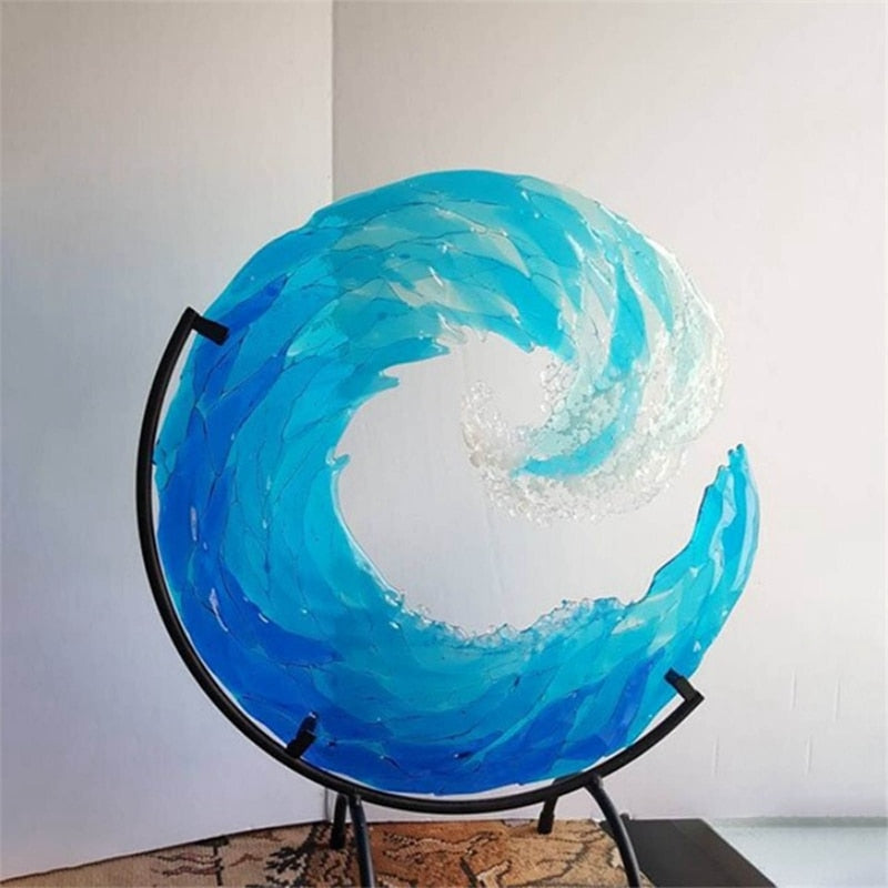 Modern clear glass ocean wave sculpture, perfect artistic desk decor or elegant living room accent.