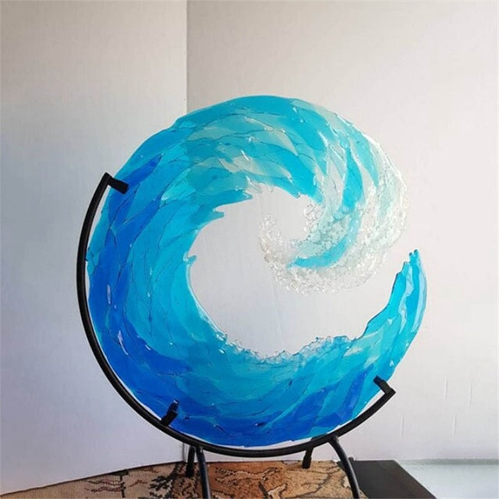 Modern clear glass ocean wave sculpture, perfect artistic desk decor or elegant living room accent.