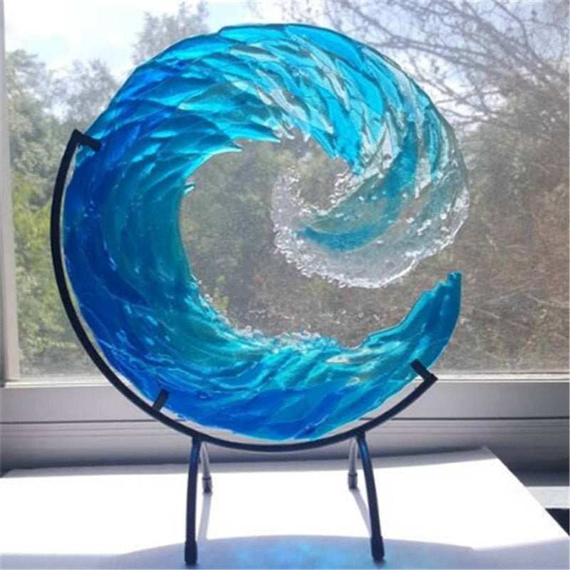 Handcrafted glass ocean wave sculpture with clear aqua tones, ideal modern home or shelf decor piece.