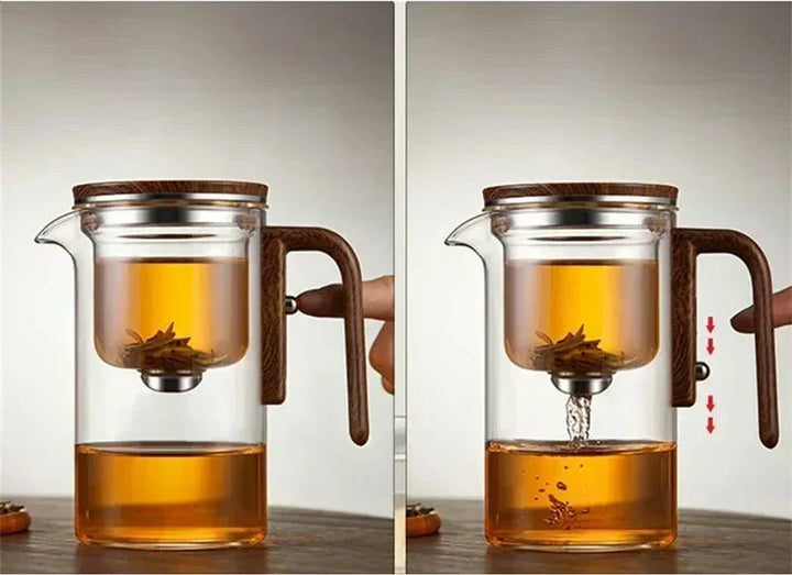 Transparent glass teapot with ergonomic handle & easy-clean infuser for brewing loose leaf tea.