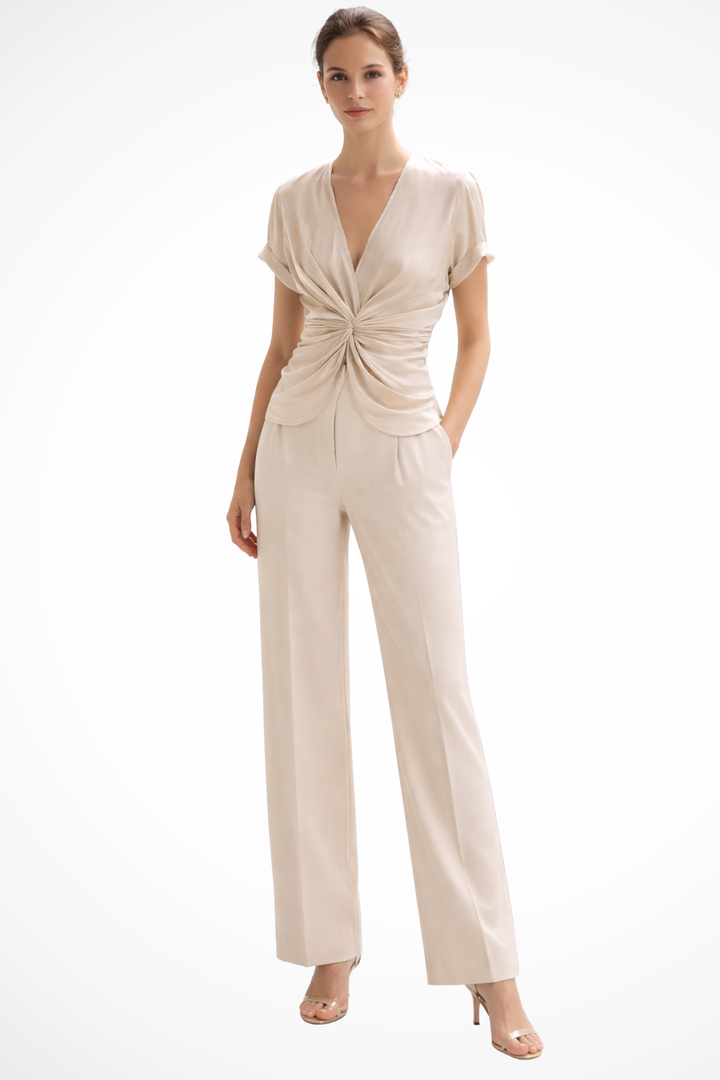 Elegant cream ruched V-neck blouse for women with stylish twist front detail. Perfect for office or casual wear.