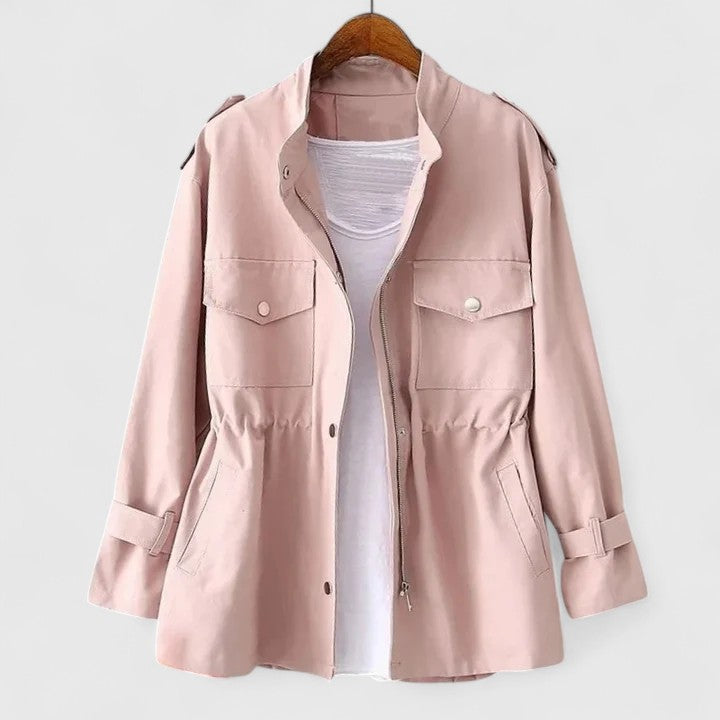 Elegant cream women's double-breasted overcoat, perfect for winter & fall fashion. Tailored long outerwear.