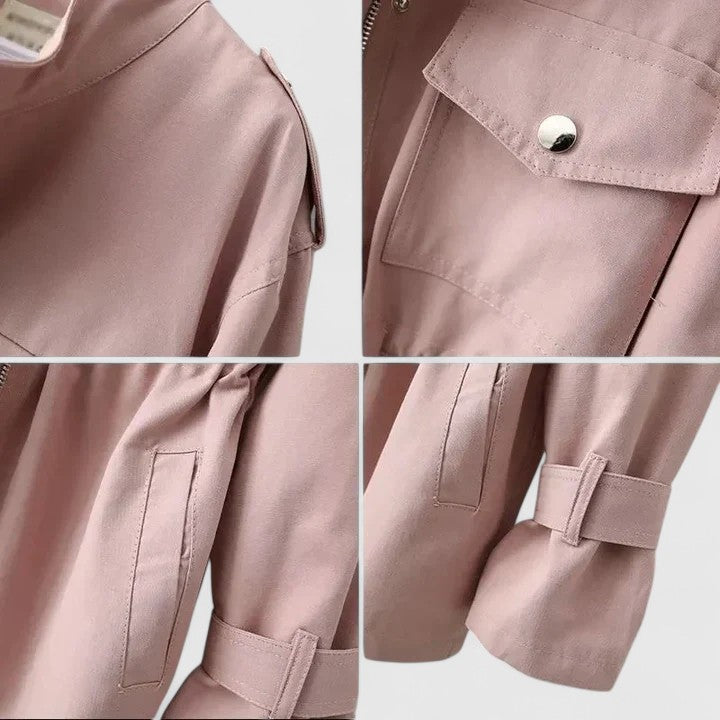 Fashionable cream double-breasted overcoat, a women's elegant long coat for fall/winter outerwear.