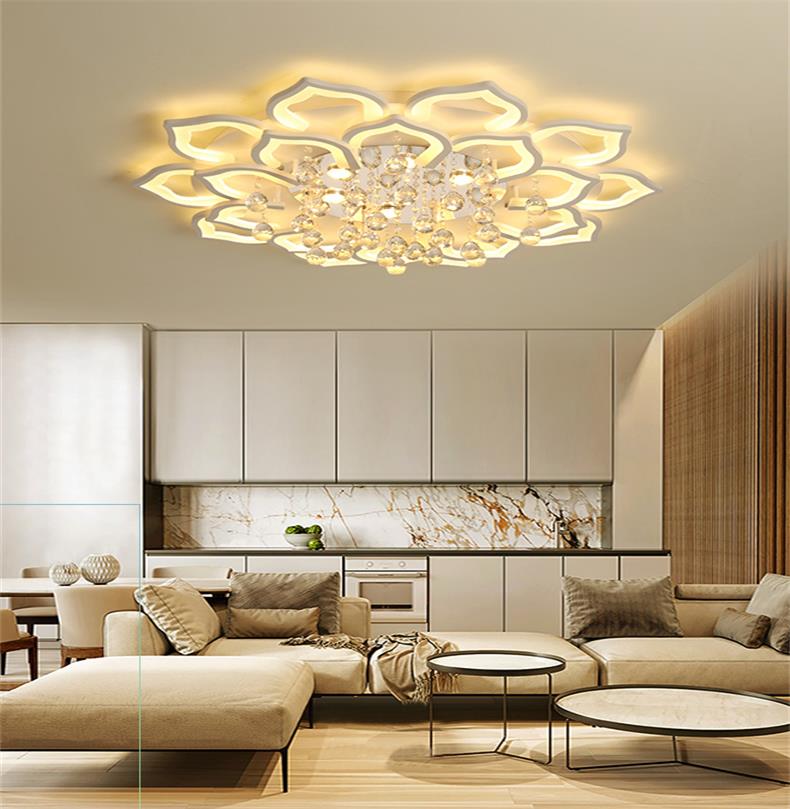 Elegant crystal lotus ceiling lamp, modern flush mount for living room lighting, dimmable LED