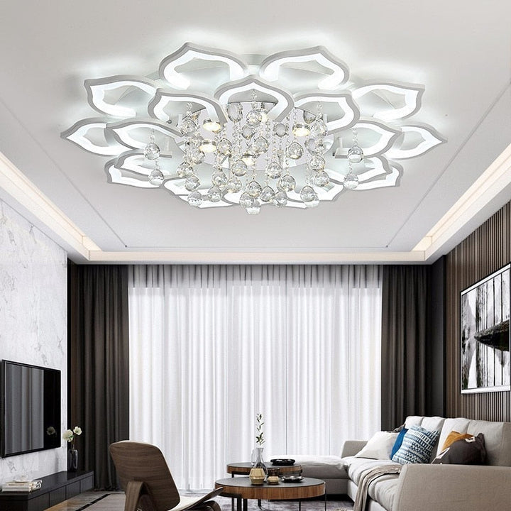 Close-up of a crystal lotus ceiling light, decorative modern lighting for home decor