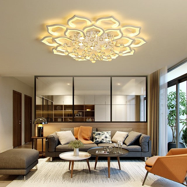 Sparkling crystal lotus ceiling lamp illuminating a room, ideal for interior lighting