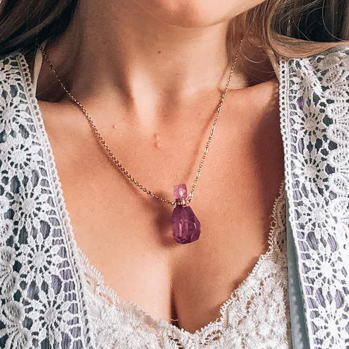 Stylish women's crystal necklace, doubles as a miniature essential oil diffuser bottle.