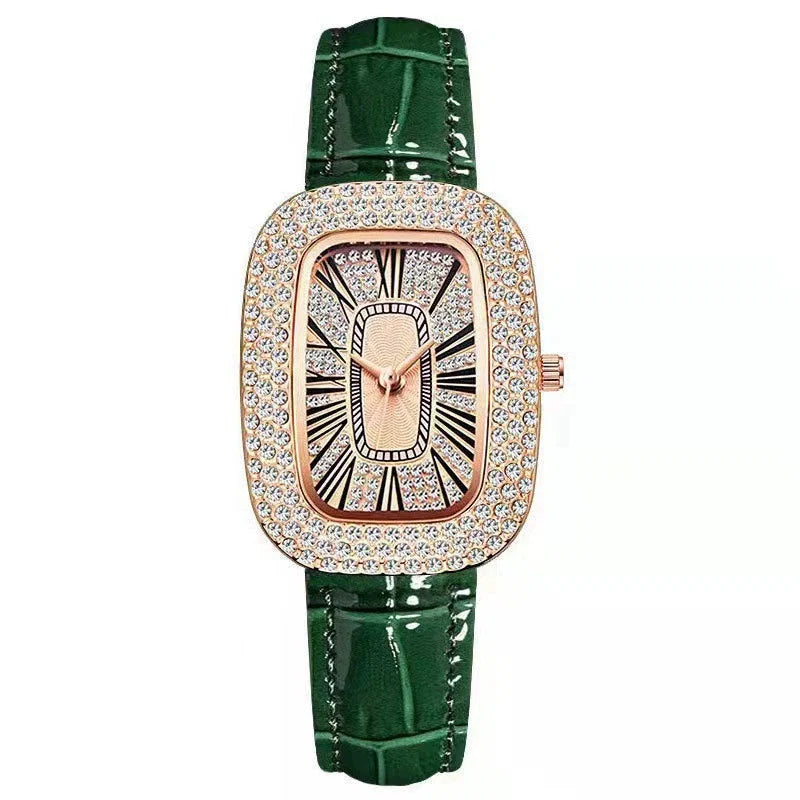 Chic women's rose gold watch featuring sparkling crystals and a sophisticated leather strap.