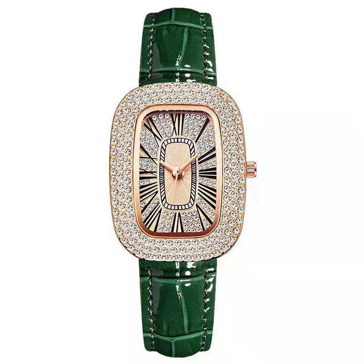 Chic women's rose gold watch featuring sparkling crystals and a sophisticated leather strap.