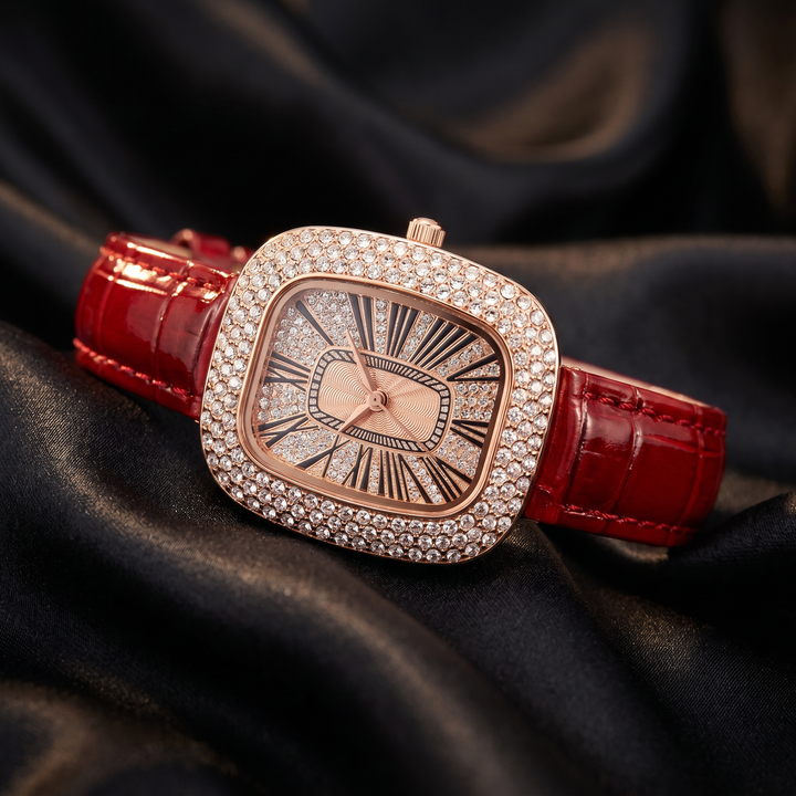 Perfect gift for her: an elegant rose gold crystal watch with a classic leather band.