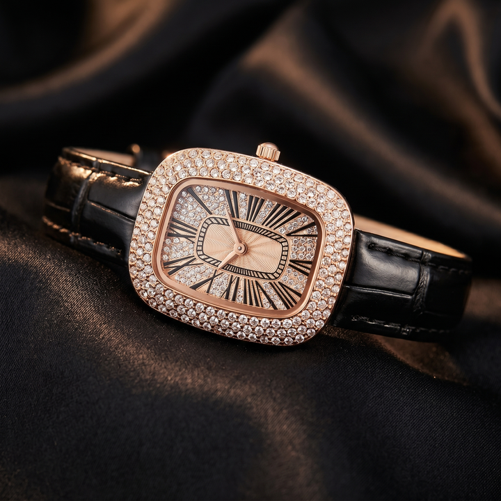 Women's rose gold crystal watch, an elegant luxury timepiece with a durable leather strap.