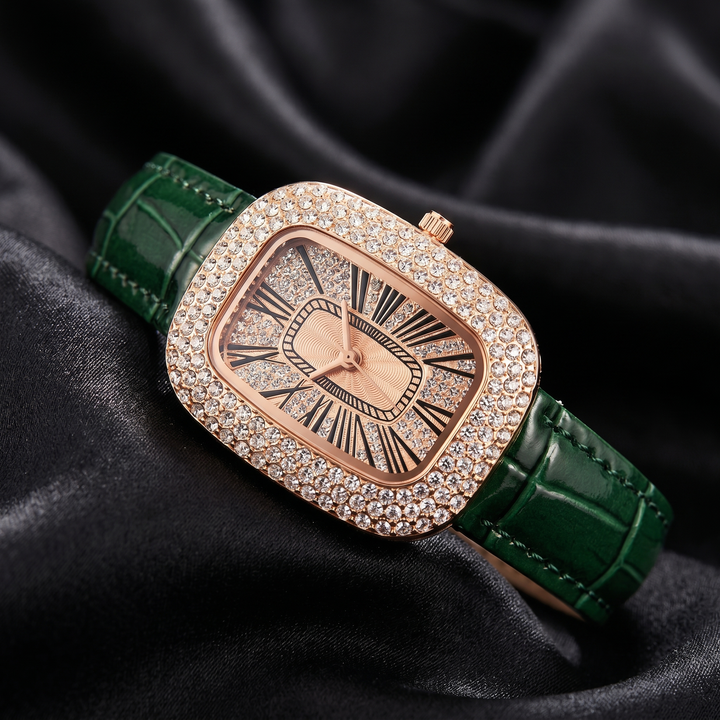 Exquisite luxury women's watch, rose gold with dazzling crystals & a premium leather strap.