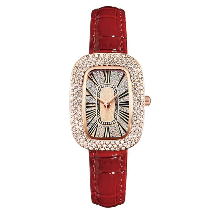 Modern elegant women's crystal watch, rose gold finish, rectangular dial, and leather strap.