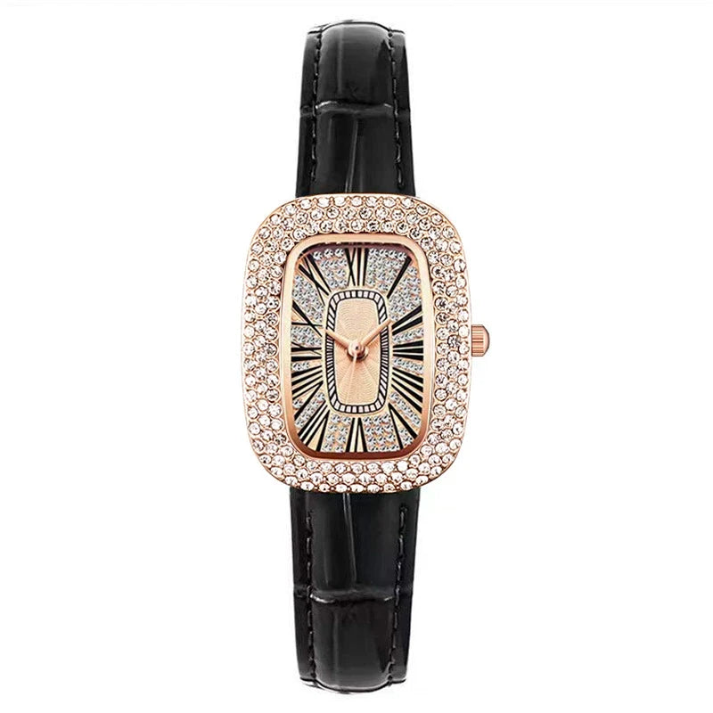 Women's rose gold crystal watch, an elegant fashion timepiece with a rectangular dial.