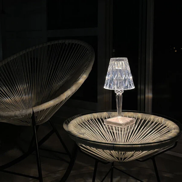 Decorative CrystalLuxe table lamp, a touch of class for living room ambiance.