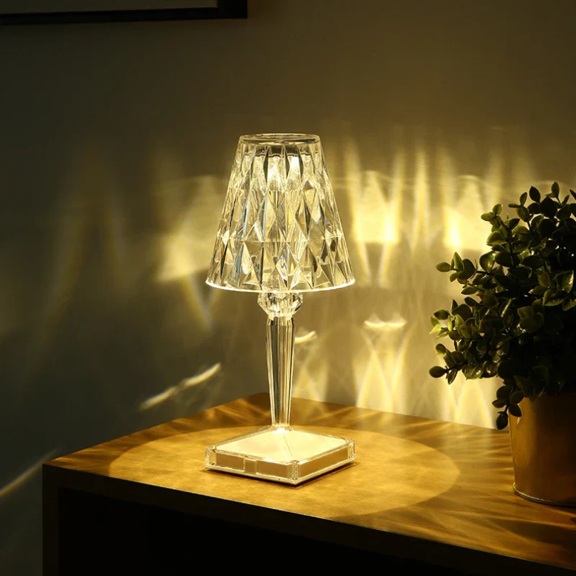 Green crystal table lamp, unique decorative light for a sophisticated living room.