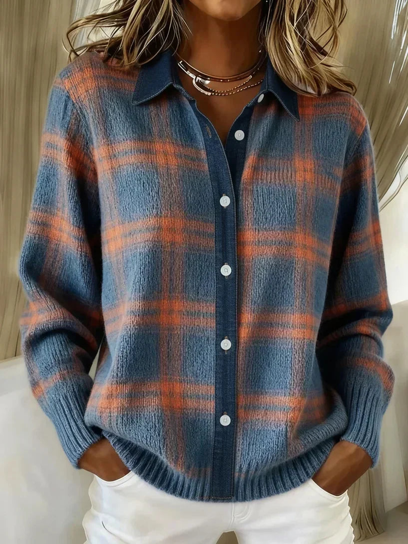 Elegant dark blue long-sleeve women's blouse, versatile for casual or formal occasions, a chic and comfortable wardrobe staple.