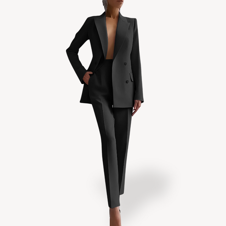 Elegant double-breasted women's pant suit, perfect for professional business wear & formal events.