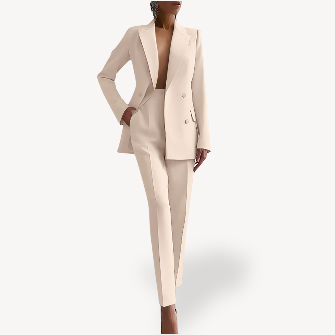 Chic women's two-piece blazer and tailored pant set, a sophisticated power suit for workwear.