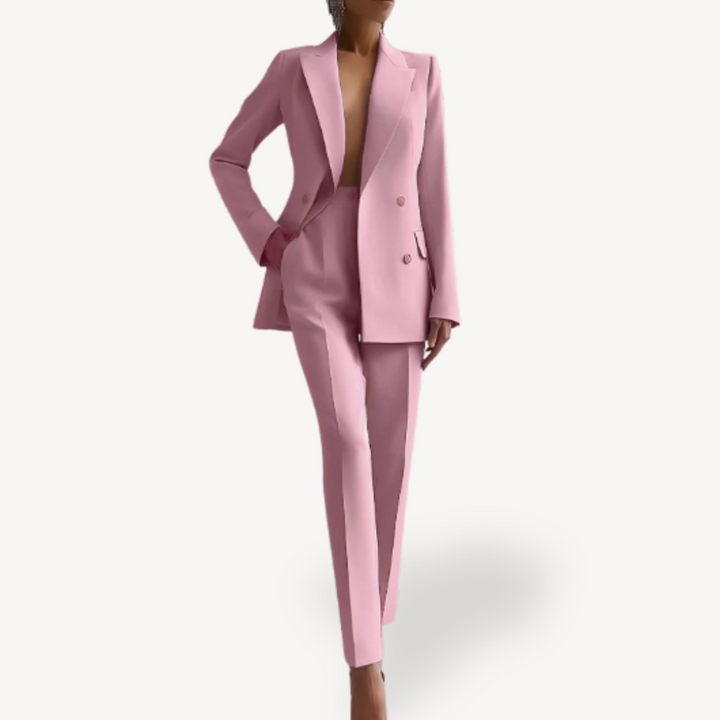 Professional woman in a stylish double-breasted pant suit, ideal for office and formal meetings.