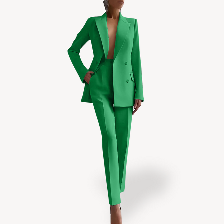 Sophisticated double-breasted pant suit for women, offering a polished look for business and special occasions.