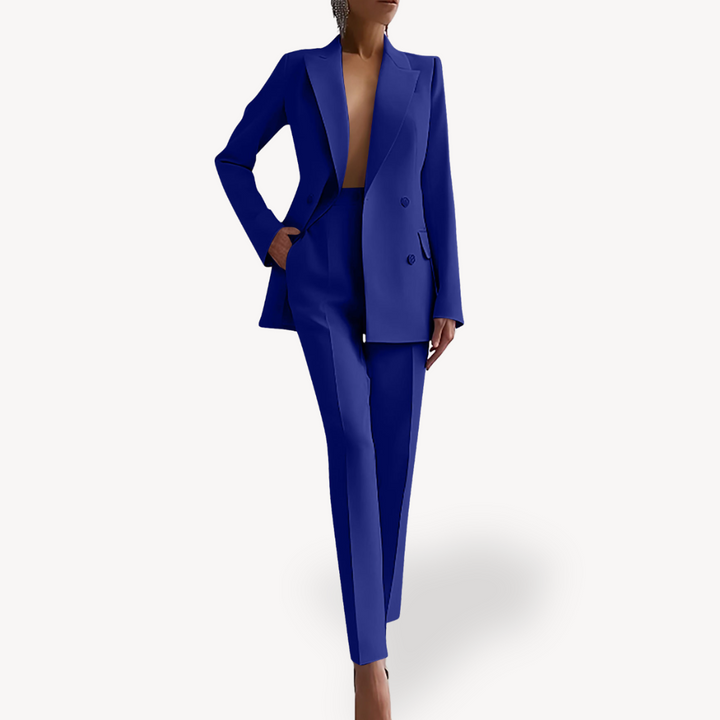 Fashionable women's double-breasted pant suit, designed for a chic, professional, and confident appearance.
