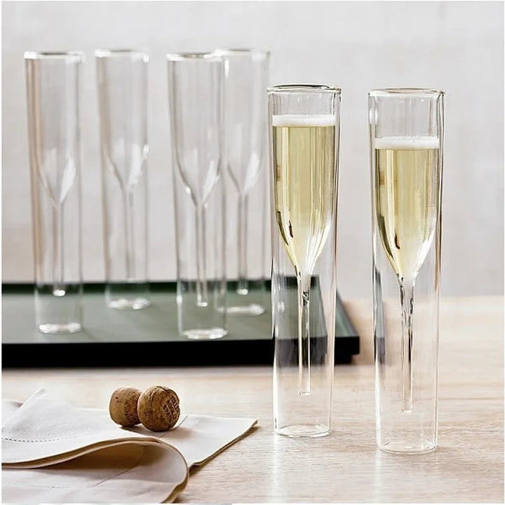 Clear double-wall insulated champagne flute, ideal drinkware for cocktails, prosecco, and keeping beverages chilled.