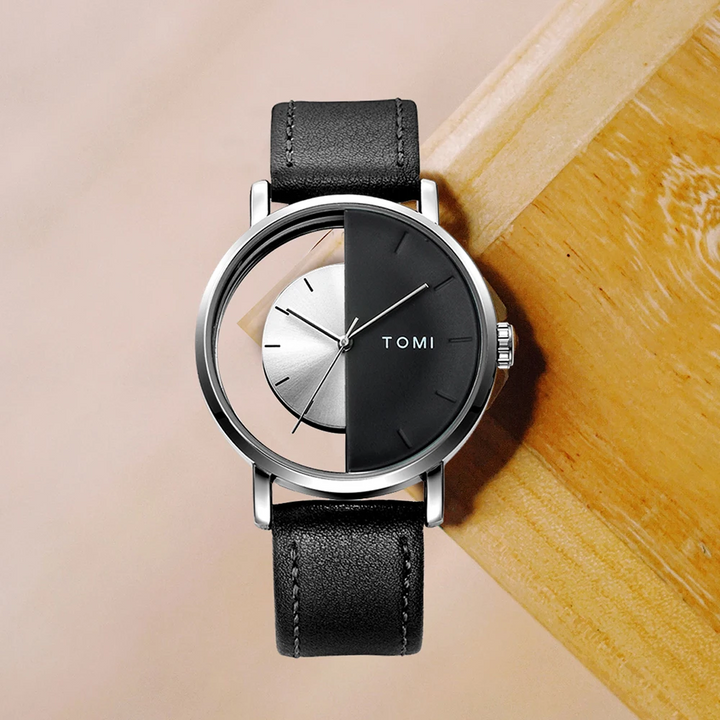 Black leather strap Eclipse watch with silver casing, a sleek and elegant unisex timepiece.