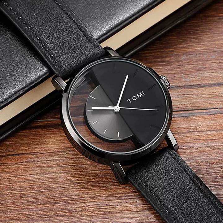 Silver Eclipse watch with a minimalist black dial and genuine leather strap.