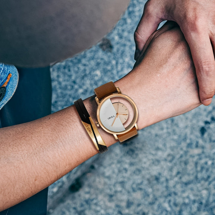 Elegant Eclipse watch set, a luxury modern timepiece with a unique dial design & leather strap.