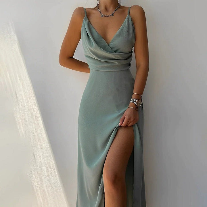 Chic women's Elara maxi dress with a high slit & V-neck, ideal for formal occasions & parties.