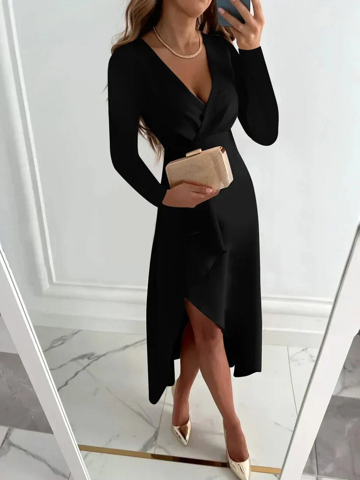 Elegant Elara women's evening maxi dress. Sophisticated long sleeve formal gown for special occasions.