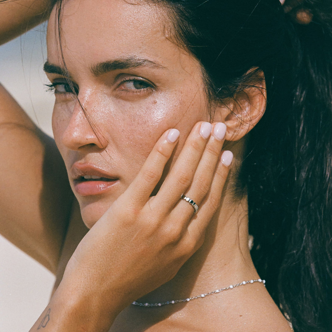 Silver-tone delicate beaded ring for women. Elina design, waterproof everyday jewelry.