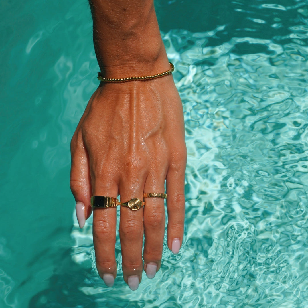 Stylish Elina beaded ring for women. Hypoallergenic, waterproof everyday jewelry in gold or silver finish.
