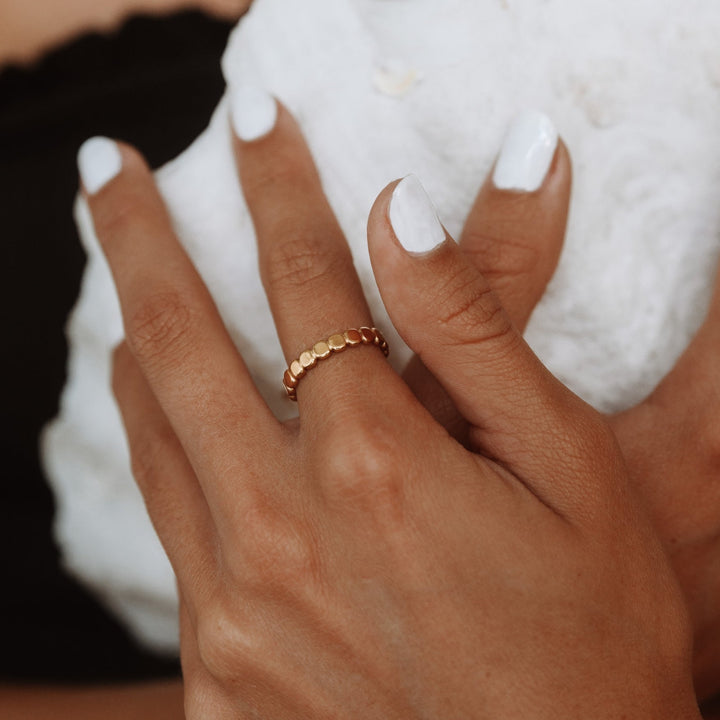 Gold beaded ring for women, Elina design. Elegant, delicate, and waterproof for daily wear.