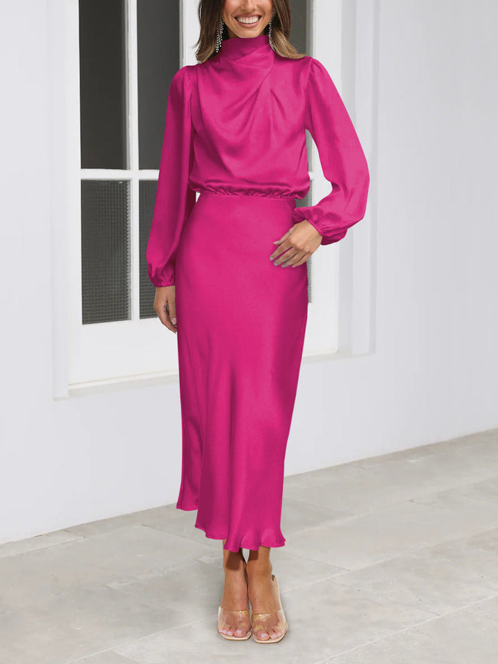 Women's formal Evelina long satin dress, elegant & chic, perfect for parties & special occasions.