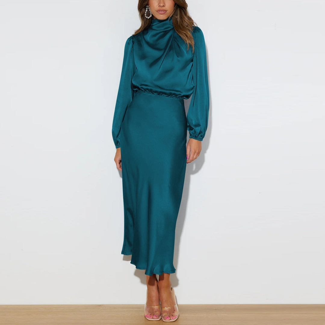 Evelina women's elegant long satin maxi dress. Chic & flattering fit, ideal for formal parties.