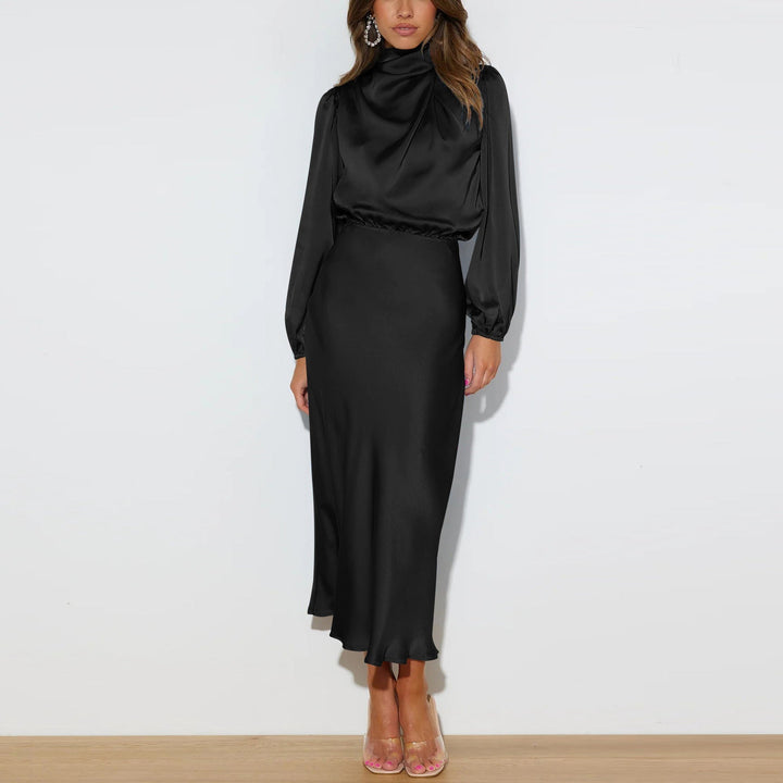 Women's luxurious Evelina satin maxi dress, an elegant long evening gown perfect for special events.