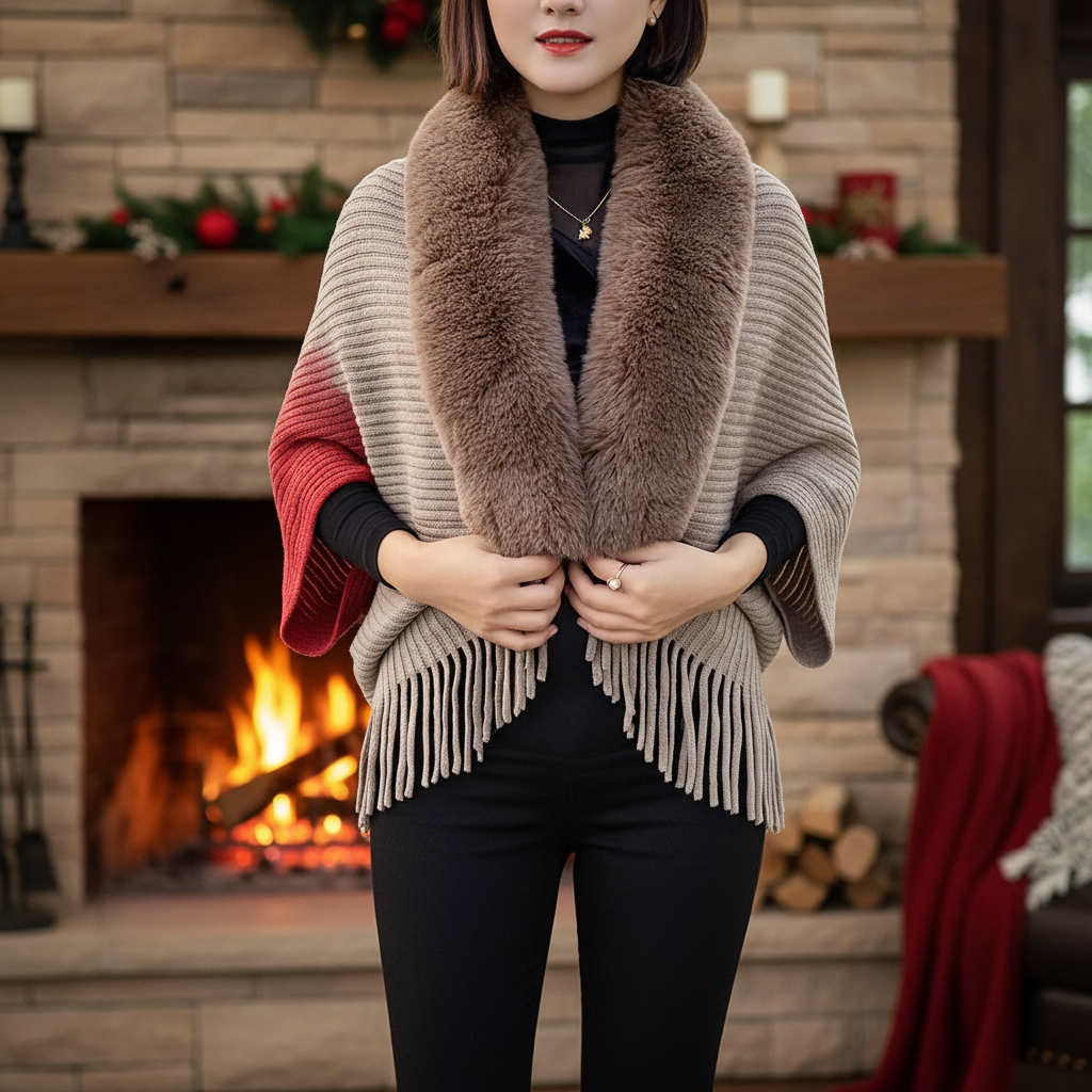 Elegant faux fur women's cape 'Elisa', black, cozy winter fashion outerwear