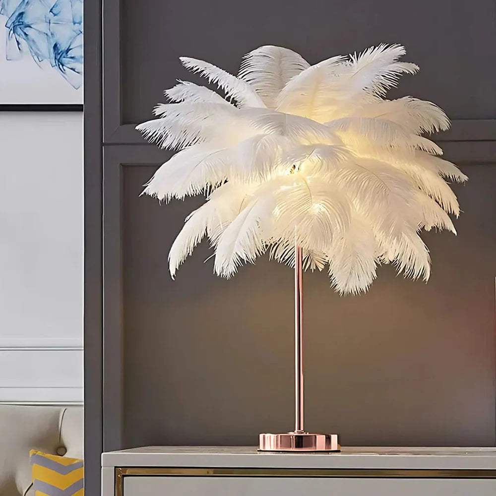 Elegant feather palm tree lamp with remote control, perfect for bedroom mood lighting.