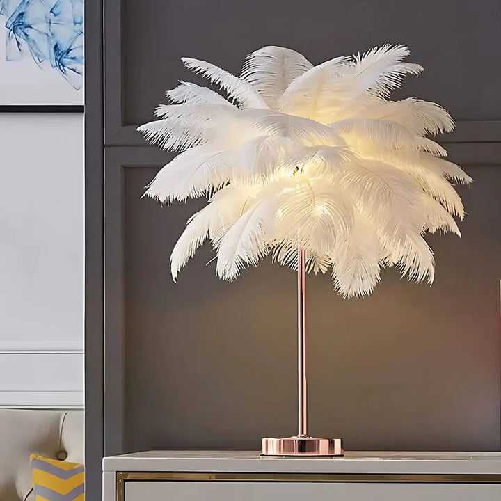 Elegant feather palm tree lamp with remote control, perfect for bedroom mood lighting.