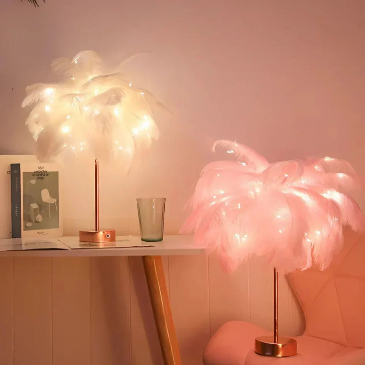Feather palm tree lamp in a dimly lit room, highlighting its soft, inviting glow.