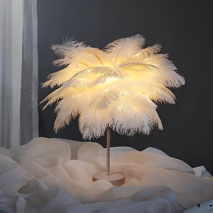 Top-down view of the feather canopy on the decorative palm tree lamp, exquisite design.