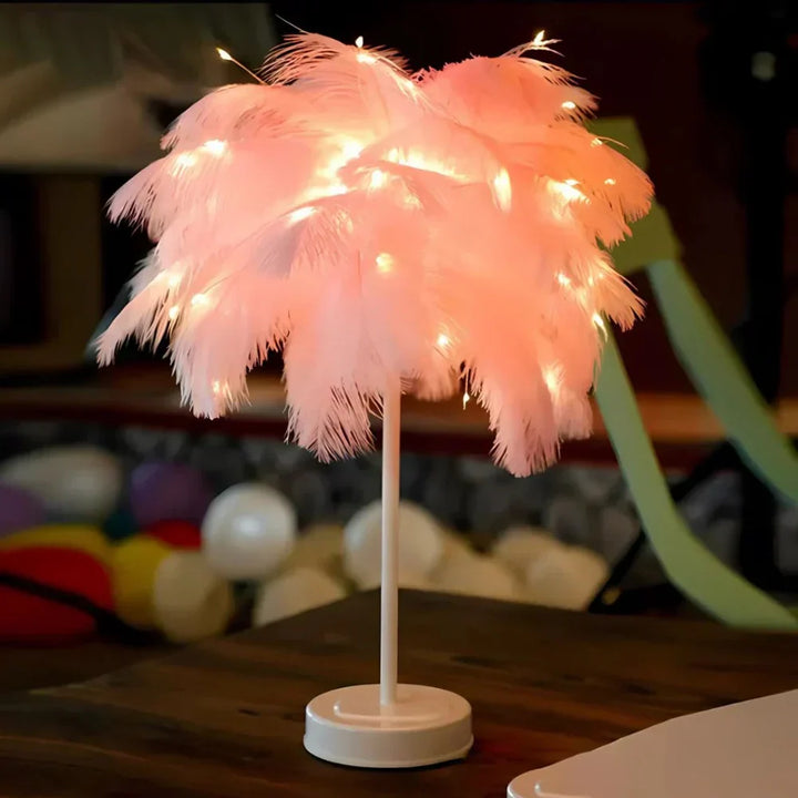 Feather palm tree lamp packaged in its box, ready for easy setup and remote control use.