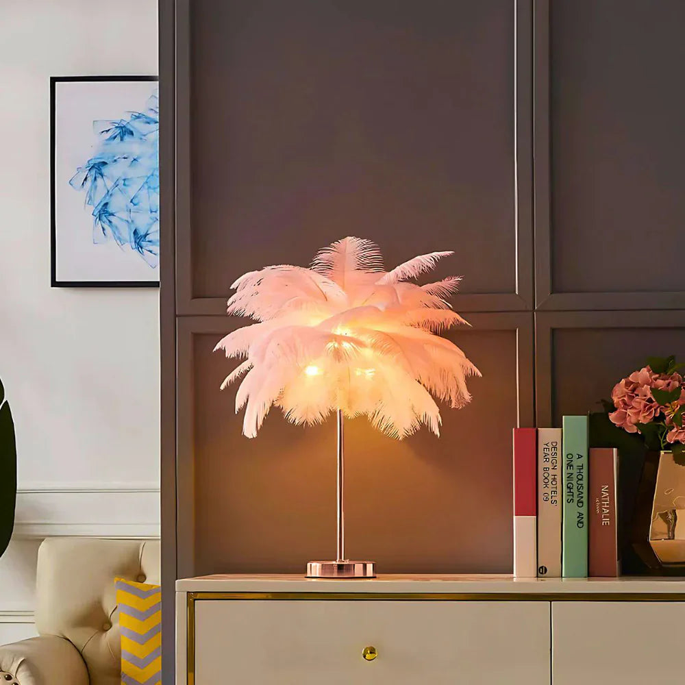 Close-up of fluffy white feathers on a decorative palm tree lamp, ambient home decor.