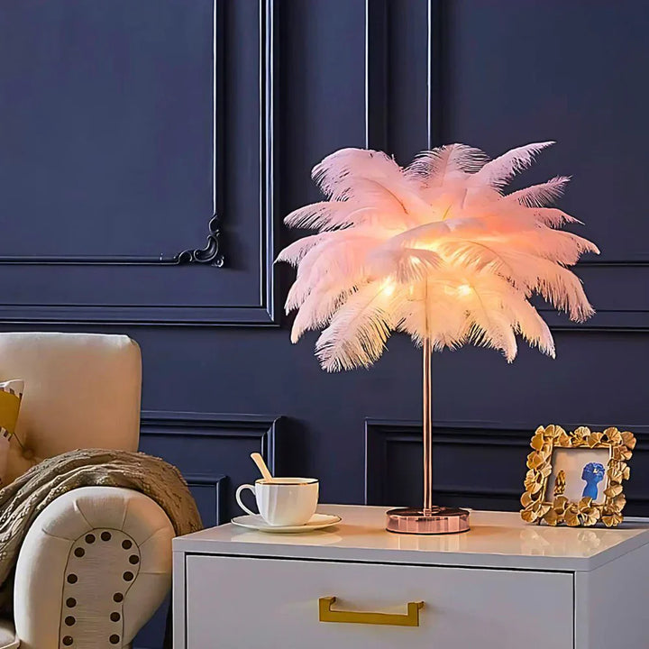 LumaPalm feather palm tree lamp glowing softly, remote control for various light settings.