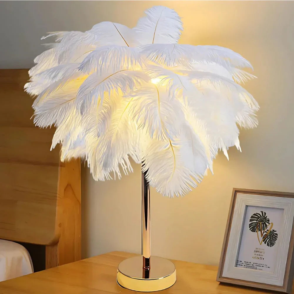 Stylish feather palm tree lamp in a modern living room, enhancing mood lighting.