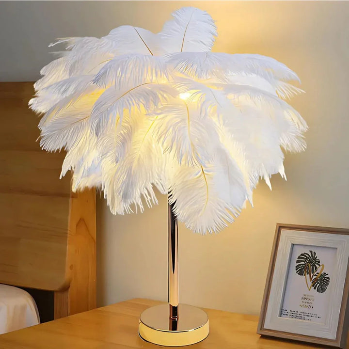 Stylish feather palm tree lamp in a modern living room, enhancing mood lighting.